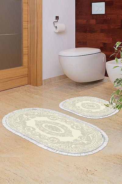 Alanur Home Eko Trend Djt 2 Pack Πλενόμενη αντιολισθητική βάση Οβάλ Χαλάκι μπάνιου 747 Classic Cream (50 X 80 - 40 X 50)