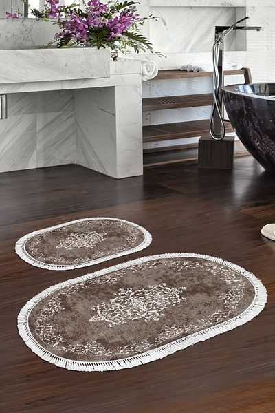 Alanur Home Eko Trend Djt 2 Pack Πλενόμενη αντιολισθητική βάση Οβάλ Χαλάκι μπάνιου 616 Classic Brown (50 X 80 - 40 X 50)