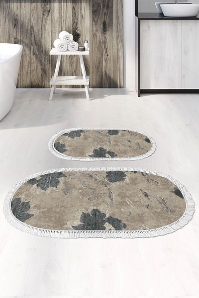 Alanur Home Eko Trend Djt 2 Πλενόμενη Βάση Οβάλ Χαλάκι Μπάνιου 660m Ακουαρέλα Μπεζ (60 X 100 - 50 X 60)