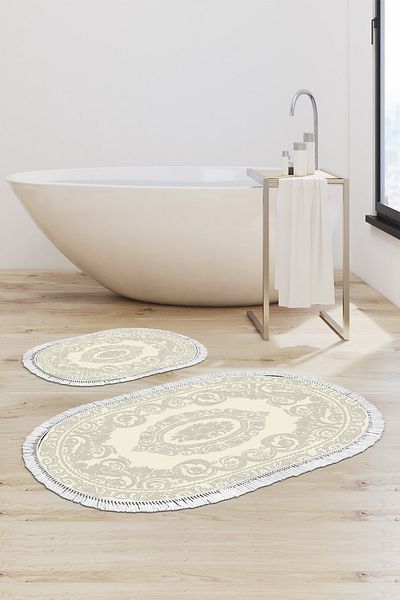 Alanur Home Eko Trend Djt 2 Pack Πλενόμενη αντιολισθητική βάση Οβάλ Χαλάκι μπάνιου 747 Classic Cream (60 X 100 - 50 X 60)