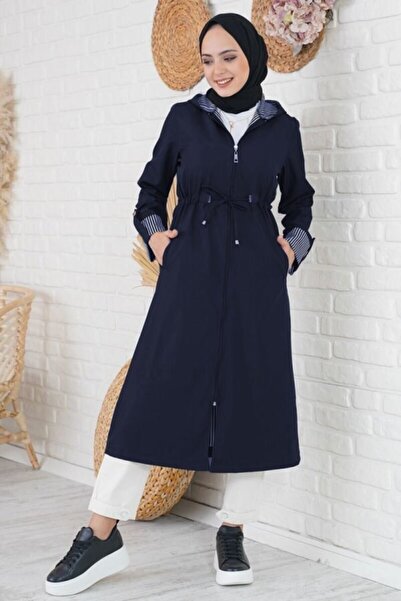 Modakenti Жіночий великий розмір, подвійний рукав, водонепроникний, з капюшоном, тренч - синій