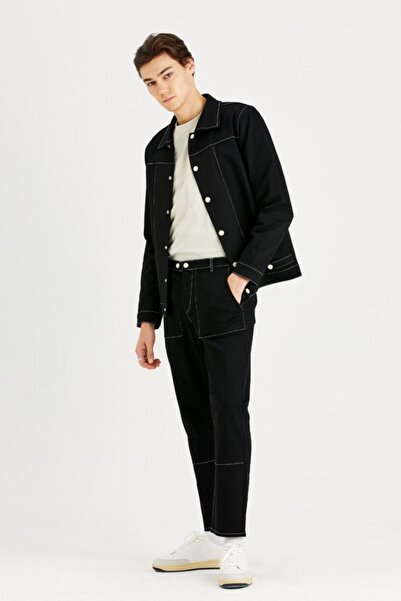 IAMNOTBASIC Pantaloni negri pentru bărbați, cu cusături contrastante, din gabardină