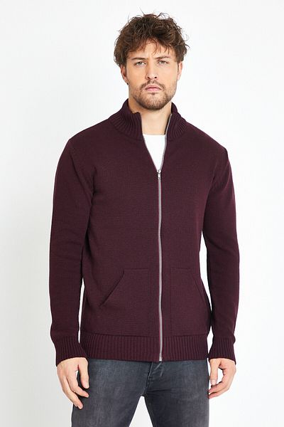 Matte Brussels Burgundy Zippered Knitwear Cardigan with Pockets