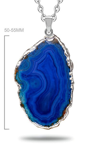 Tesbih Atölyesi Sertifikalı Damarlı A Kalite Doğal Mavi Akik Taşı Kolye