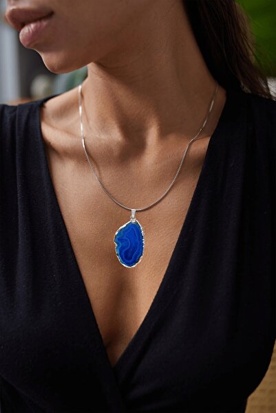 Tesbih Atölyesi Sertifikalı Damarlı A Kalite Doğal Mavi Akik Taşı Kolye