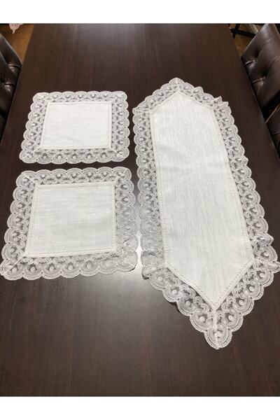 MELOŞ HOME 3 Parça Simli Keten Silver Sehpa Takımı