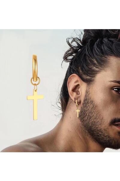 TakıConcept Deliksiz Sıkıştırma Çelik Haç Gold Renk Küpe