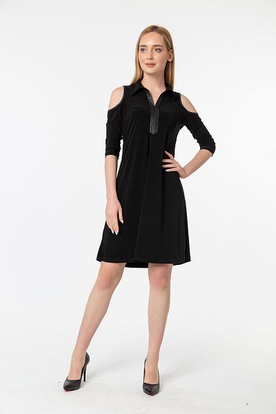 Laranor Black Shirt Collar Off-The-Shoulder Dress
