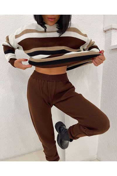 1Moda1Tarz Women's Brown High Collar Striped Knitwear Bottom-Top Set Top Sweater Bottom Trousers Detailed