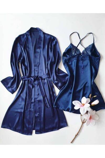 Çeyize dair herşey Set pantaloni scurți și halat de toaletă bleumarin din satin 4 piese - 5924