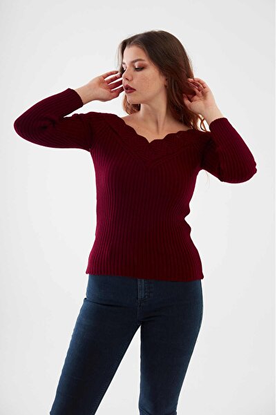 citycenterfashion Pulover de damă de mărime mare bordeaux guler Guipure Cty-cnd-11903b