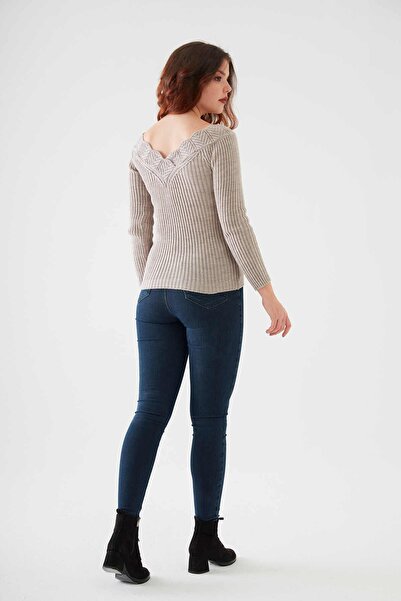 citycenterfashion Γυναικείο πέτρινο πουλόβερ γιακά Guipure