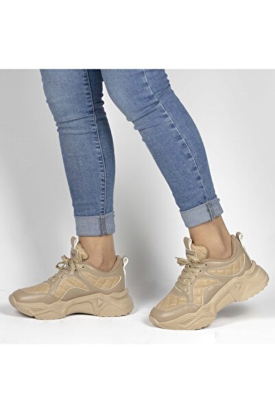 MixBrand Kadın Günlük Bej-nude Kapitone Detaylı Kalın Tabanlı 5 Cm Sneakers Spor Ayakkabı