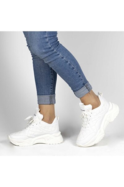 MixBrand Kadın Günlük Beyaz Kapitone Detaylı Kalın Tabanlı 5 Cm Sneakers Spor Ayakkabı