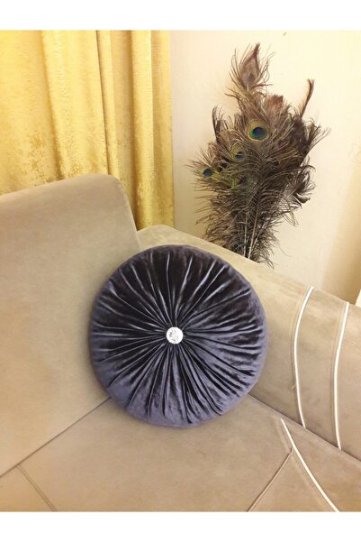 ByUtku Koyu Gri Ortası Taşlı Yuvarlak Yastık