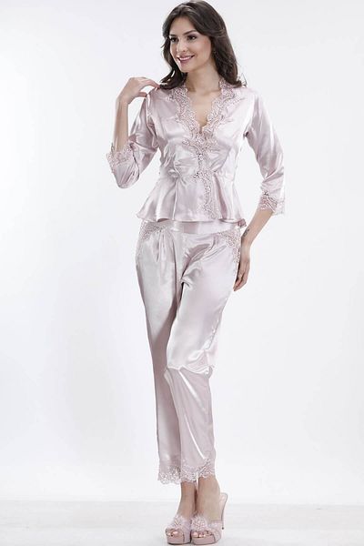 Espuar Women's Powder Six-Piece Satin Lace Low-Cut Nightgown Dressing Gown Dowry Set