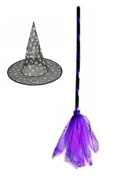 KozmoParti Halloween Cadı Süpürgesi Tüllü Mor Siyah Cadı Şapkası
