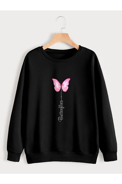 Deocept Hanorac oversize unisex, negru, roz, imprimat cu fluturi
