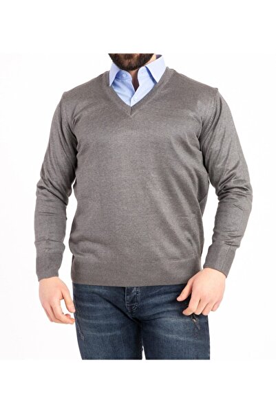nacar çarşı Сив мъжки пуловер с V-образно деколте