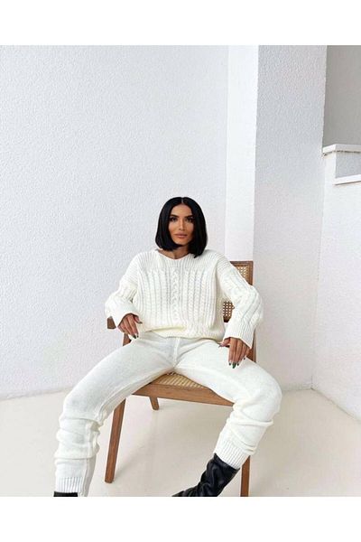 1Moda1Tarz Women's Ecru Hair Knitted Pattern Hooded Knitwear Bottom-Top Suit Seasonal Comfortable Cut Detailed