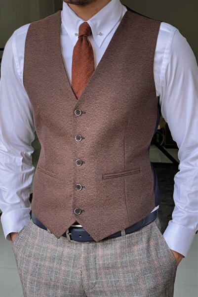 NAZEF Slim-Fit Self-Patterned Brown Wool Vest