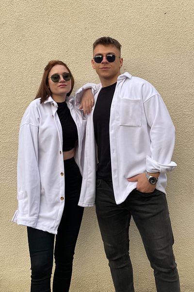 PUMP BUTİK Unisex White Oversize Single Pocket Fleece Lumberjack Shirt