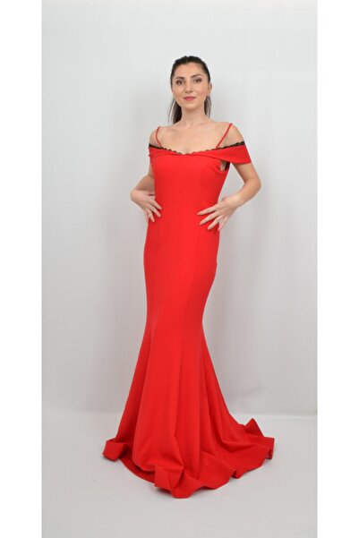 ALİS DRESS Kırmızı Renk Yakası Dantel Detaylı Abiye