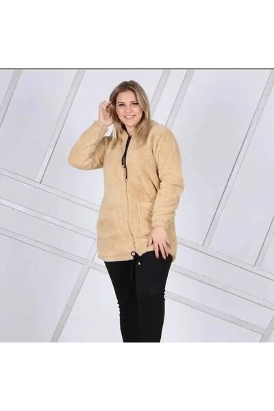 NUR TEKSTİL Kadın Cepli, Fermuarlı Ve Kapüşonlu Büyük Beden Pelüş Polar Hırka