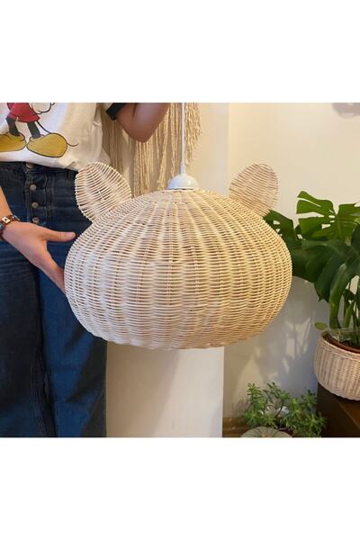 Genel Markalar Şık Bej Rattan Koala Avize, 35cm çap, modern ve doğal tasarım.