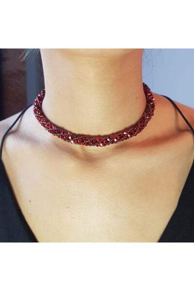 Handmade By HLY El Yapımı Kırmızı Kristal Taşlı Abiye Kolye