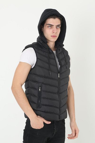 KMKkombin Men's Sports Padded Hooded Plus Size Inflatable Black Vest