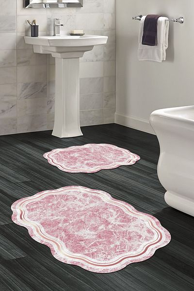 Alanur Home Laser Cut Djt 2 Pack Πλενόμενη αντιολισθητική βάση Χαλάκι μπάνιου Σετ Τουαλέτας 203 Ροζ με Σχήματα