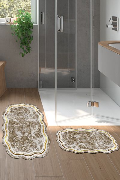 Alanur Home Laser Cut Djt 2 τεμαχίων πλενόμενη αντιολισθητική βάση Χαλάκι μπάνιου Σετ καθίσματος τουαλέτας 203 Figured Beige