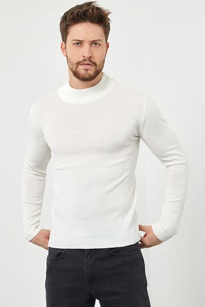 YNGMENCLASS Men's White Half Turtleneck Straight Sweater
