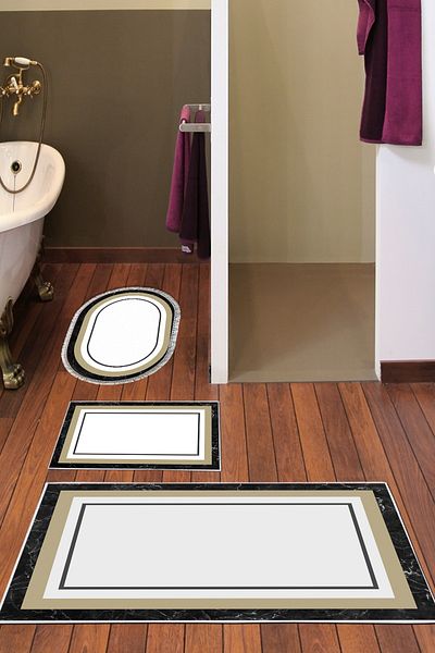 Alanur Home Eko Trend Djt 3-Pece Washable Αντιολισθητική Βάση Σετ Χαλάκι Μπάνιου 673m Κρέμα με Border