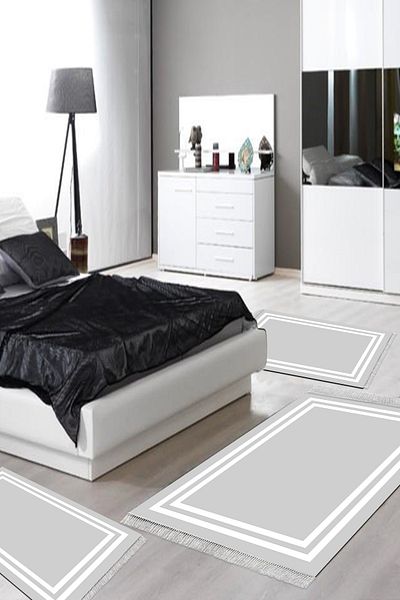 Alanur Home Eko Trend Djt Πλενόμενη αντιολισθητική βάση 3 τεμαχίων κρεβατοκάμαρας 1696 με γκρι περίγραμμα λευκό