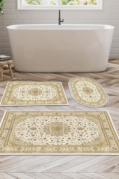 Alanur Home Eko Trend Djt Σετ πατάκι μπάνιου με αντιολισθητική βάση 3 τεμαχίων που πλένεται P1360 Ottoman Cream