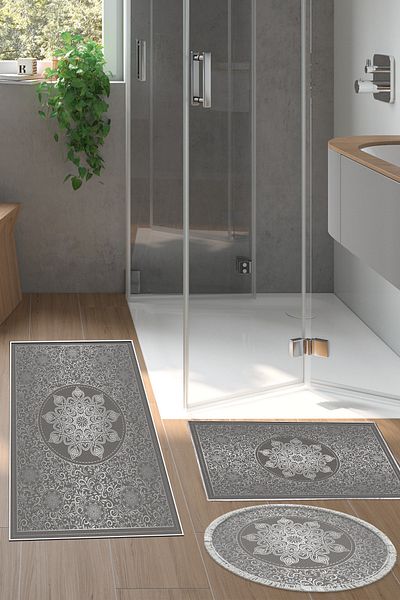Alanur Home Eko Trend Djt Σετ πατάκι μπάνιου με αντιολισθητική βάση 3 τεμαχίων που πλένεται 1448 Ottoman Silver