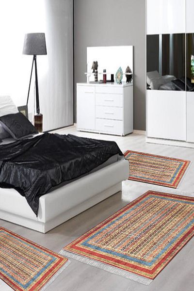 Alanur Home Eko Trend Djt Πλενόμενη αντιολισθητική βάση 3 τεμαχίων κρεβατοκάμαρας M12296 Persian Claret Red