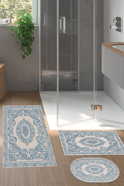 Alanur Home Eko Trend Djt Σετ 3 πλενόμενων αντιολισθητικών πατωμάτων μπάνιου 747 Classic Blue