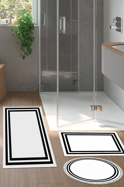 Alanur Home Eko Trend Djt 3-Pece Washable Non-Slip Σετ πατάκι μπάνιου 1696 με περίγραμμα λευκό μαύρο