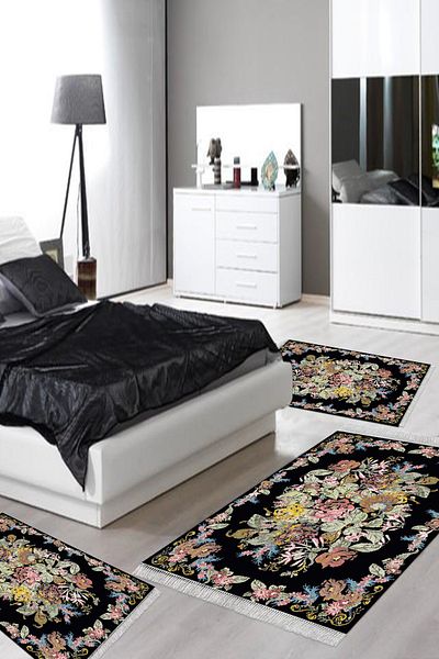 Alanur Home Eko Trend Djt Πλενόμενη αντιολισθητική βάση 3 τεμαχίων σετ κρεβατοκάμαρας F5022 Ethnic Μαύρο