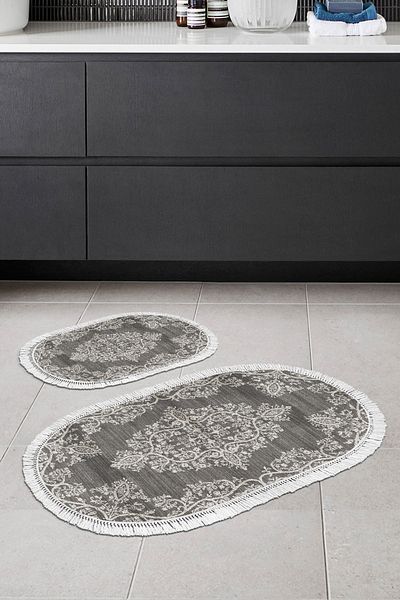 Alanur Home Eko Trend Djt 2 Pack Πλενόμενη αντιολισθητική βάση Οβάλ Χαλάκι μπάνιου 762 Ottoman Grey (50 X 80 - 40 X 50)