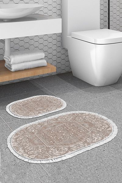 Alanur Home Eko Trend Djt 2 Pack Πλενόμενη αντιολισθητική βάση Οβάλ Χαλάκι μπάνιου 1488 Μοντέρνο Καφέ (50 X 80 - 40 X 50)