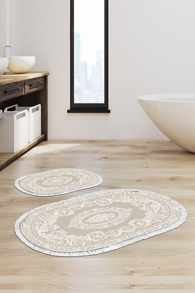 Alanur Home Eko Trend Djt 2 Pack Πλενόμενη αντιολισθητική βάση Οβάλ Χαλάκι μπάνιου 747 Classic Beige (60 X 100 - 50 X 60)