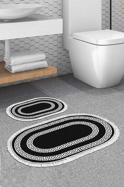 Alanur Home Eko Trend Djt 2 Πλενόμενη Βάση Οβάλ Χαλάκι Μπάνιου 650m Μοντέρνο Μαύρο (60 X 100 - 50 X 60)