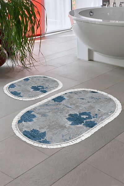 Alanur Home Eko Trend Djt 2 Πλενόμενη Βάση Οβάλ Χαλάκι Μπάνιου 660m Ακουαρέλα Μπλε (60 X 100 - 50 X 60)