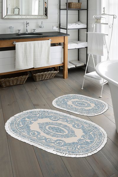 Alanur Home Eko Trend Djt 2 Li Covoraș de baie oval cu bază anti-alunecare lavabilă 747 Classic Blue (60 X 100 - 50 X 60)
