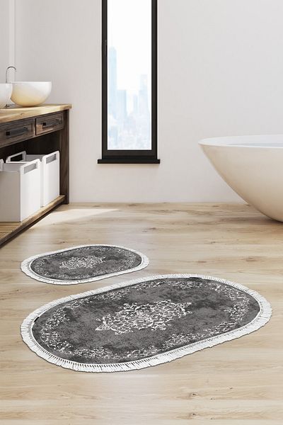 Alanur Home Eko Trend Djt 2 Πλενόμενη αντιολισθητική βάση Οβάλ Χαλάκι μπάνιου 616 Classic Grey (50 X 80 - 40 X 50)