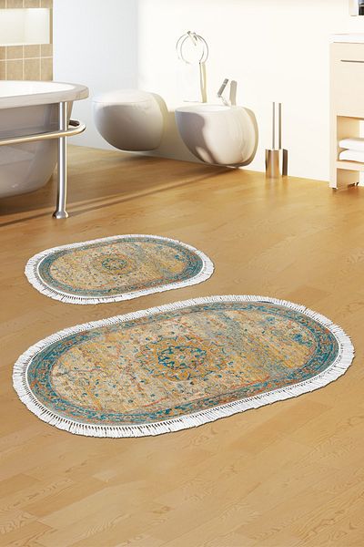 Alanur Home Eko Trend Djt 2 Li Covoraș de baie oval cu bază lavabilă P1356 Turcoaz vintage (60 X 100 - 50 X 60)